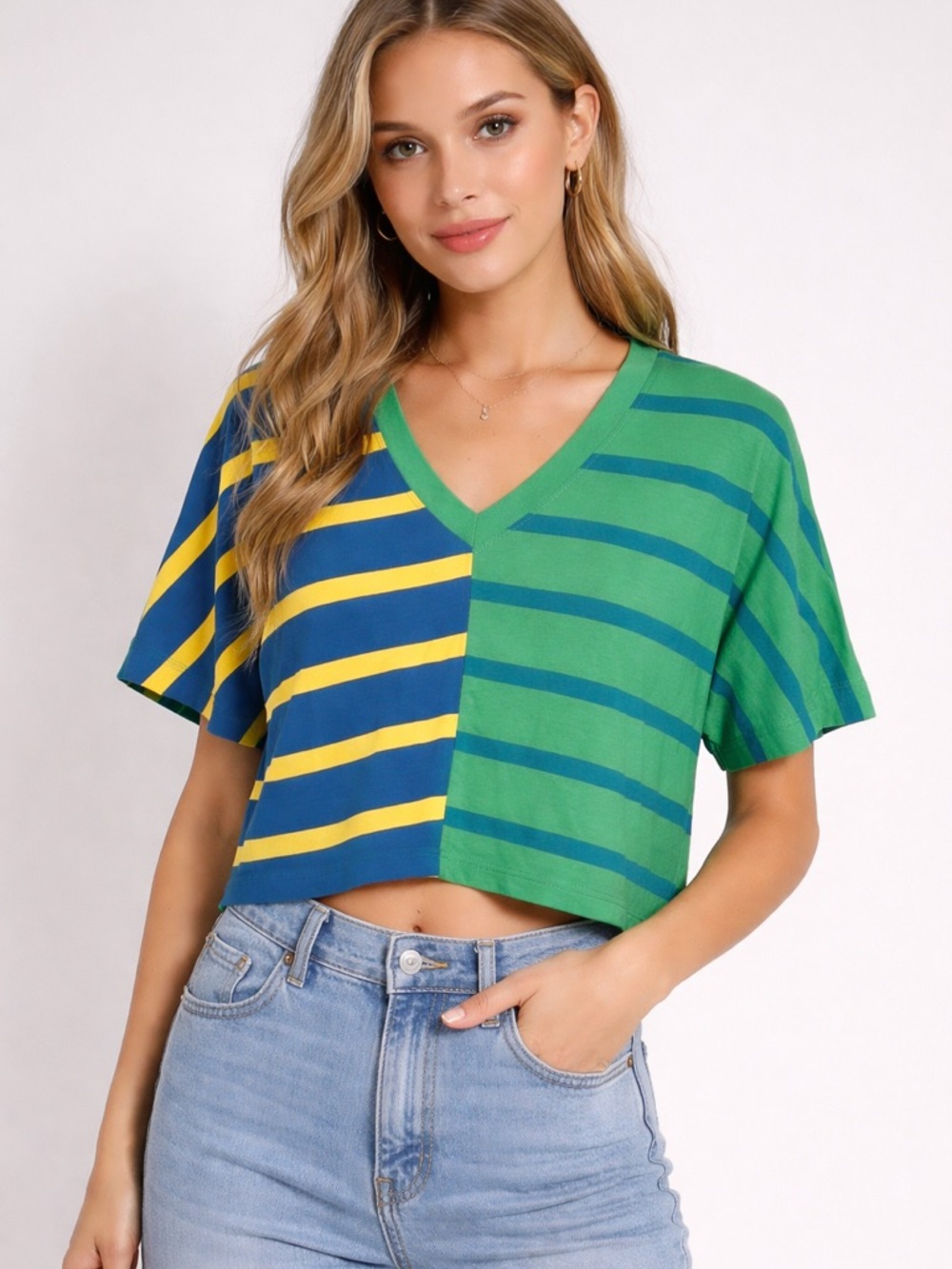 CAbi Navy Green Yellow Striped V-Neck Oversized Cropped Tee